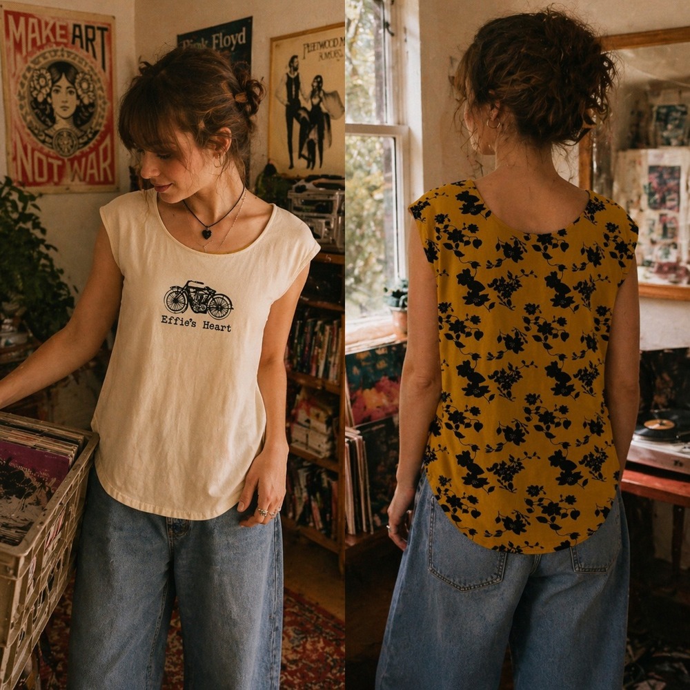 Effies Heart Womens Medium Motorcycle Graphic Floral Back Scoop Neck Top Mustard